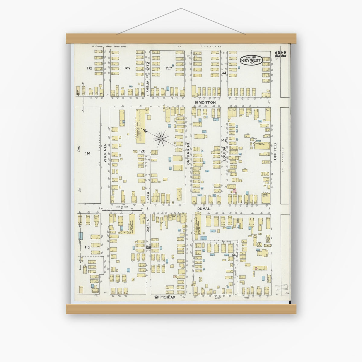 Old map wall art mockup — magnetic wood frame on white wall — Sanborn Fire Insurance Map from Key West, Monroe County, Florida (1892), Sheet #0022