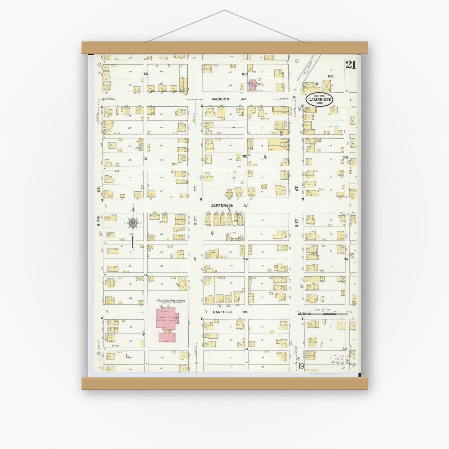 Old map wall art mockup — magnetic wood frame on white wall — Sanborn Fire Insurance Map from Cambridge, Guernsey County, Ohio (1909), Sheet #0021