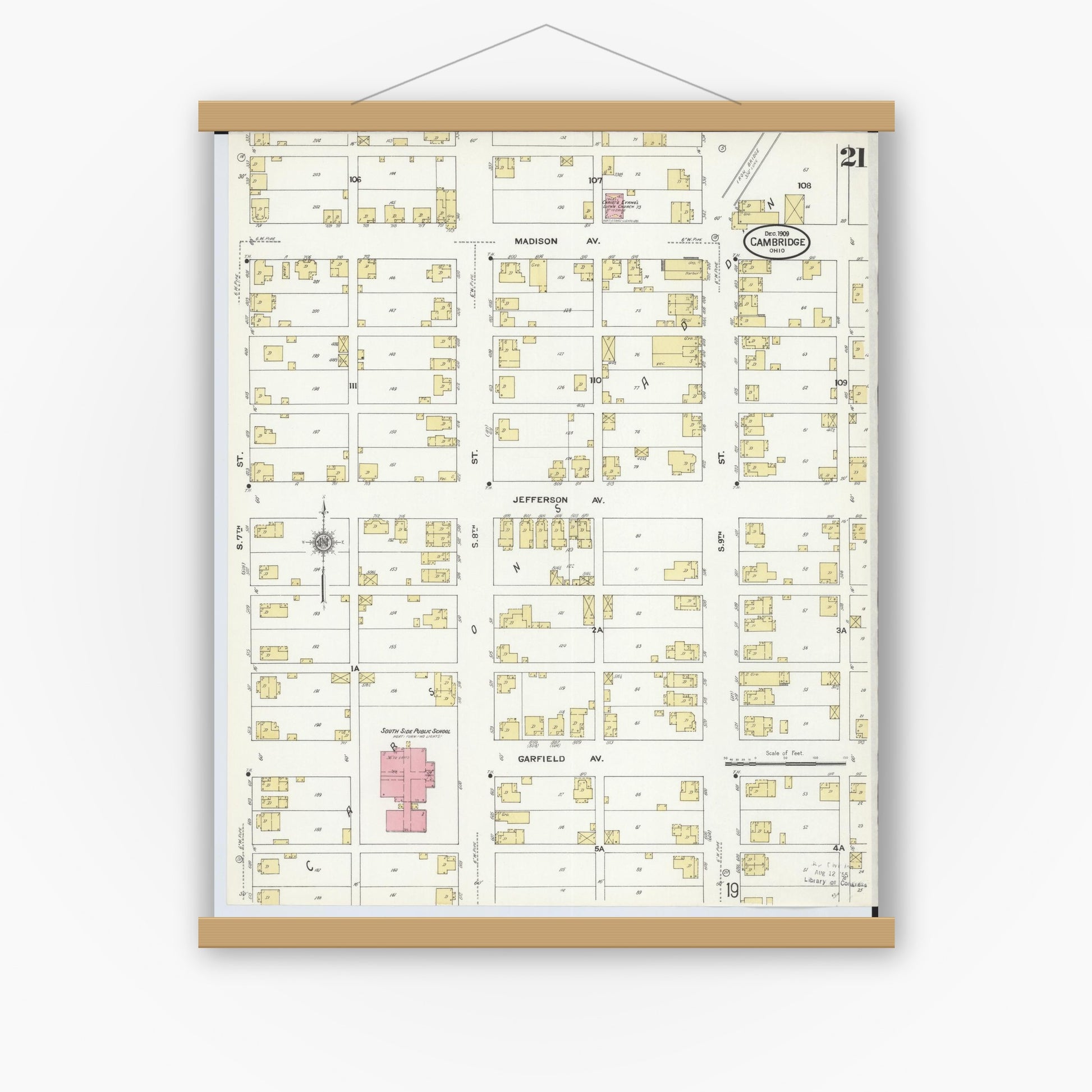 Old map wall art mockup — magnetic wood frame on white wall — Sanborn Fire Insurance Map from Cambridge, Guernsey County, Ohio (1909), Sheet #0021