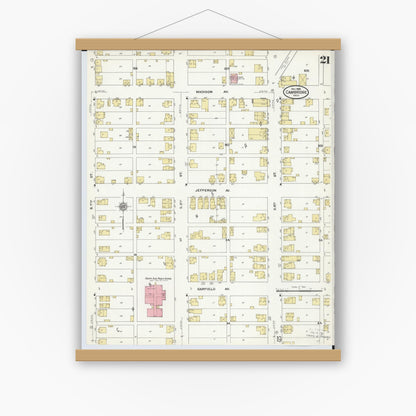 Old map wall art mockup — magnetic wood frame on white wall — Sanborn Fire Insurance Map from Cambridge, Guernsey County, Ohio (1909), Sheet #0021