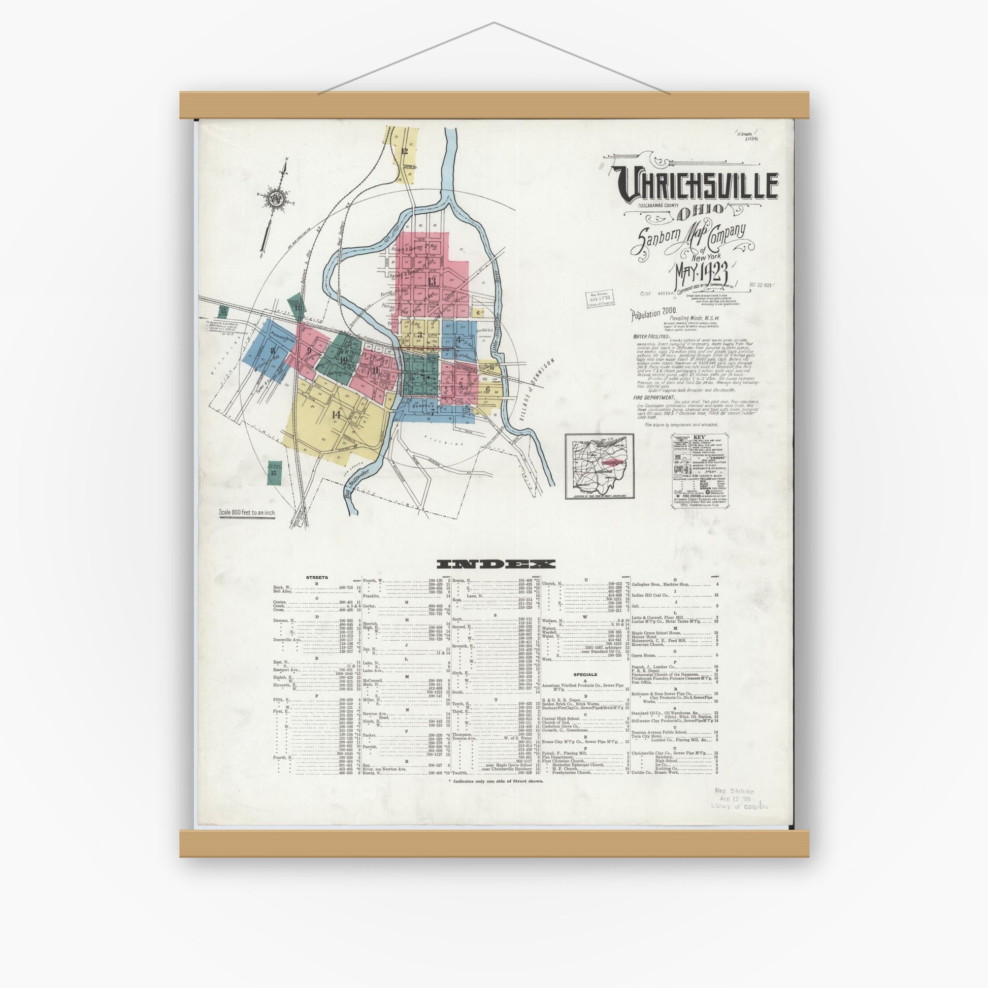 Old map wall art mockup — magnetic wood frame on white wall — Sanborn Fire Insurance Map from Uhrichsville, Tuscarawas County, Ohio (1923) - Complete Map Set