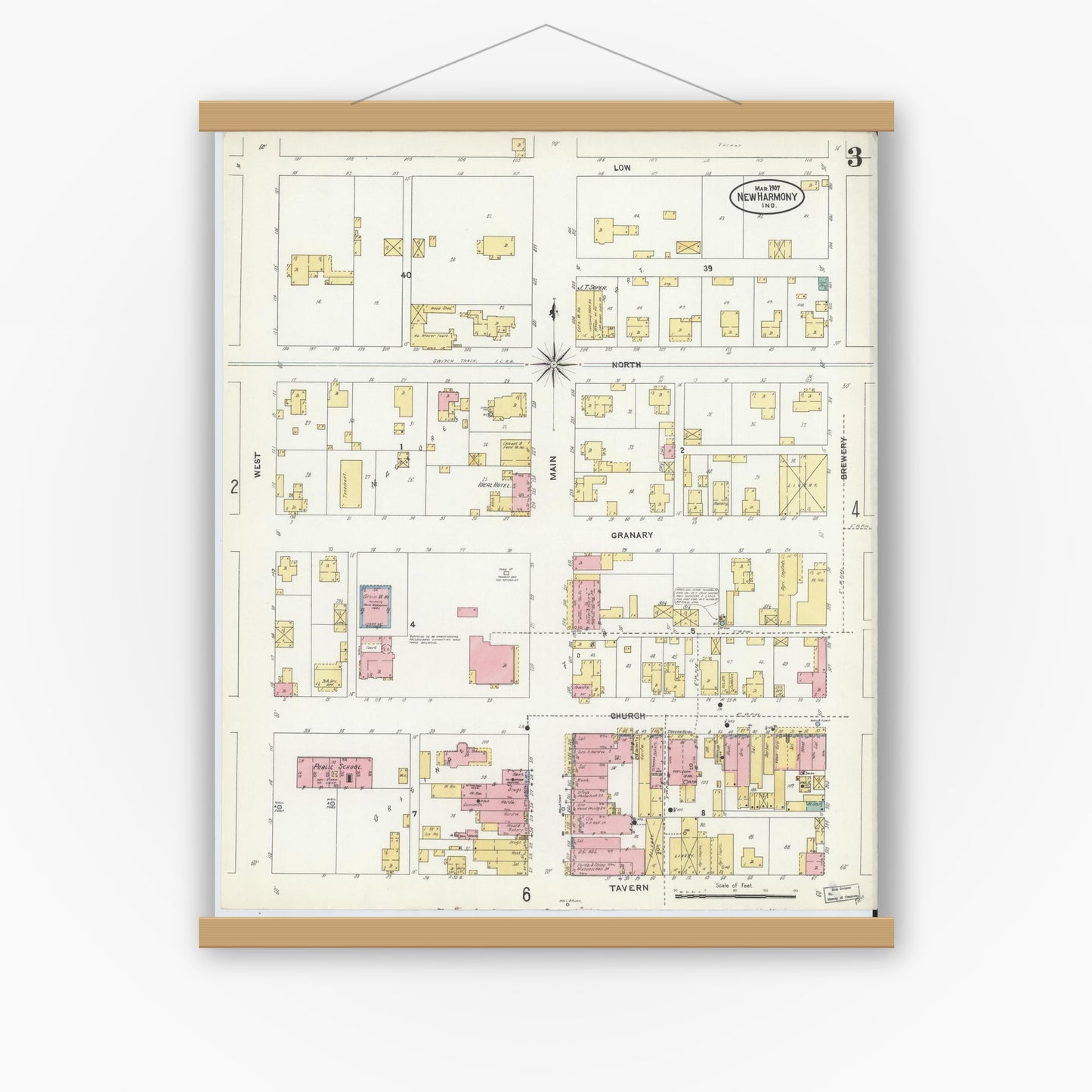 Old map wall art mockup — magnetic wood frame on white wall — Sanborn Fire Insurance Map from New Harmony, Posey County, Indiana (1907), Sheet #0003