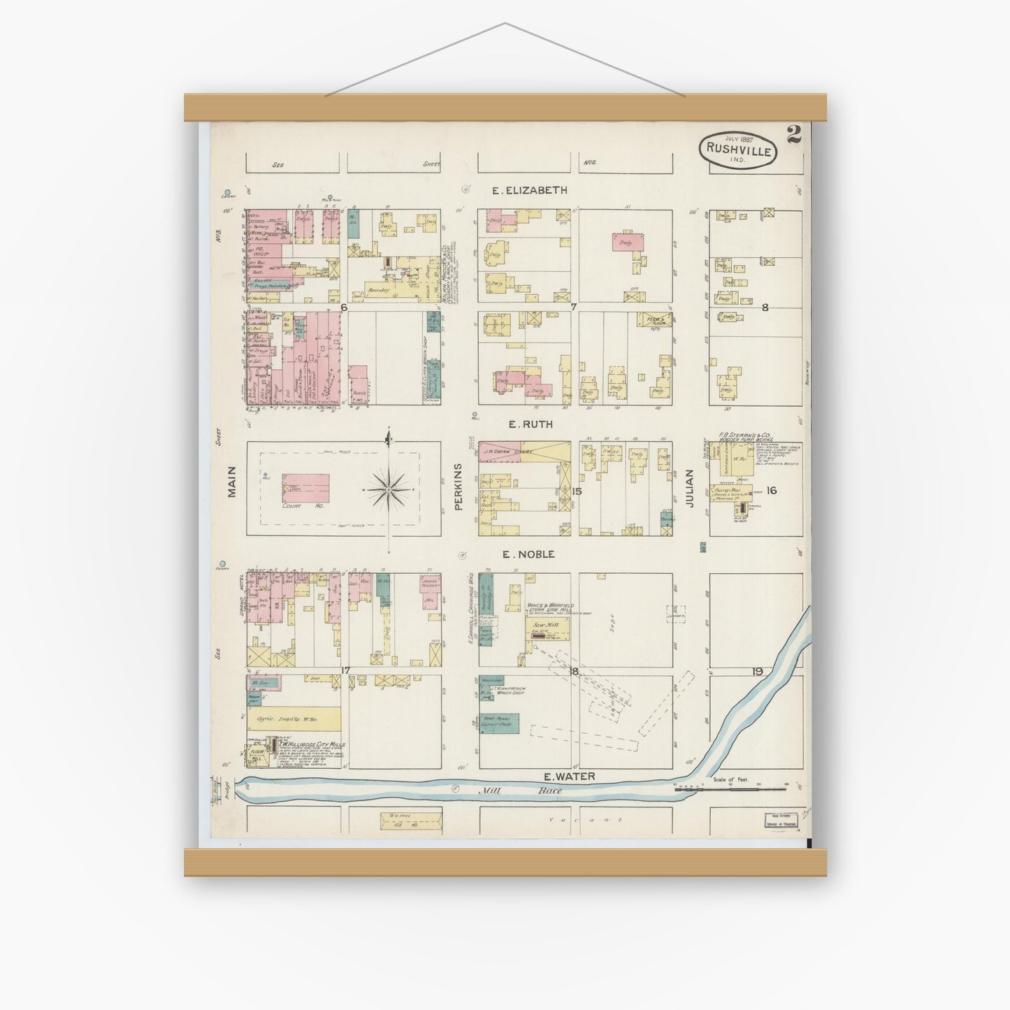 Old map wall art mockup — magnetic wood frame on white wall — Sanborn Fire Insurance Map from Rushville, Rush County, Indiana (1887), Sheet #0002