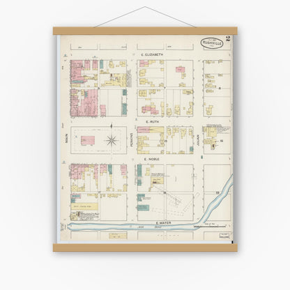 Old map wall art mockup — magnetic wood frame on white wall — Sanborn Fire Insurance Map from Rushville, Rush County, Indiana (1887), Sheet #0002
