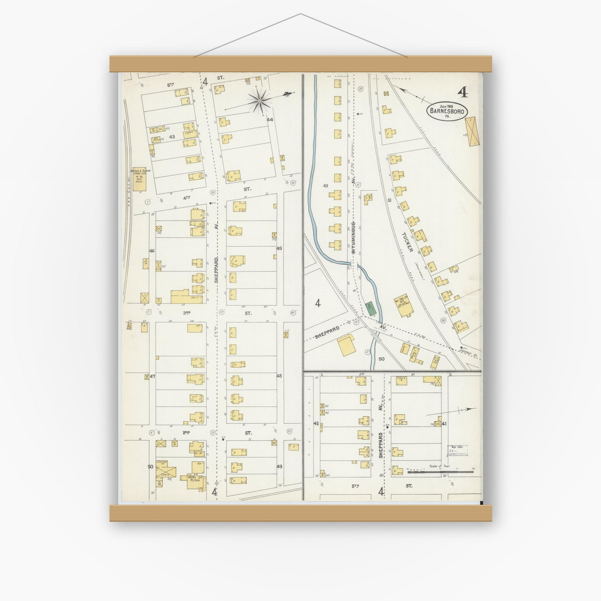 Old map wall art mockup — magnetic wood frame on white wall — Sanborn Fire Insurance Map from Barnesboro, Cambria County, Pennsylvania (1903), Sheet #0004