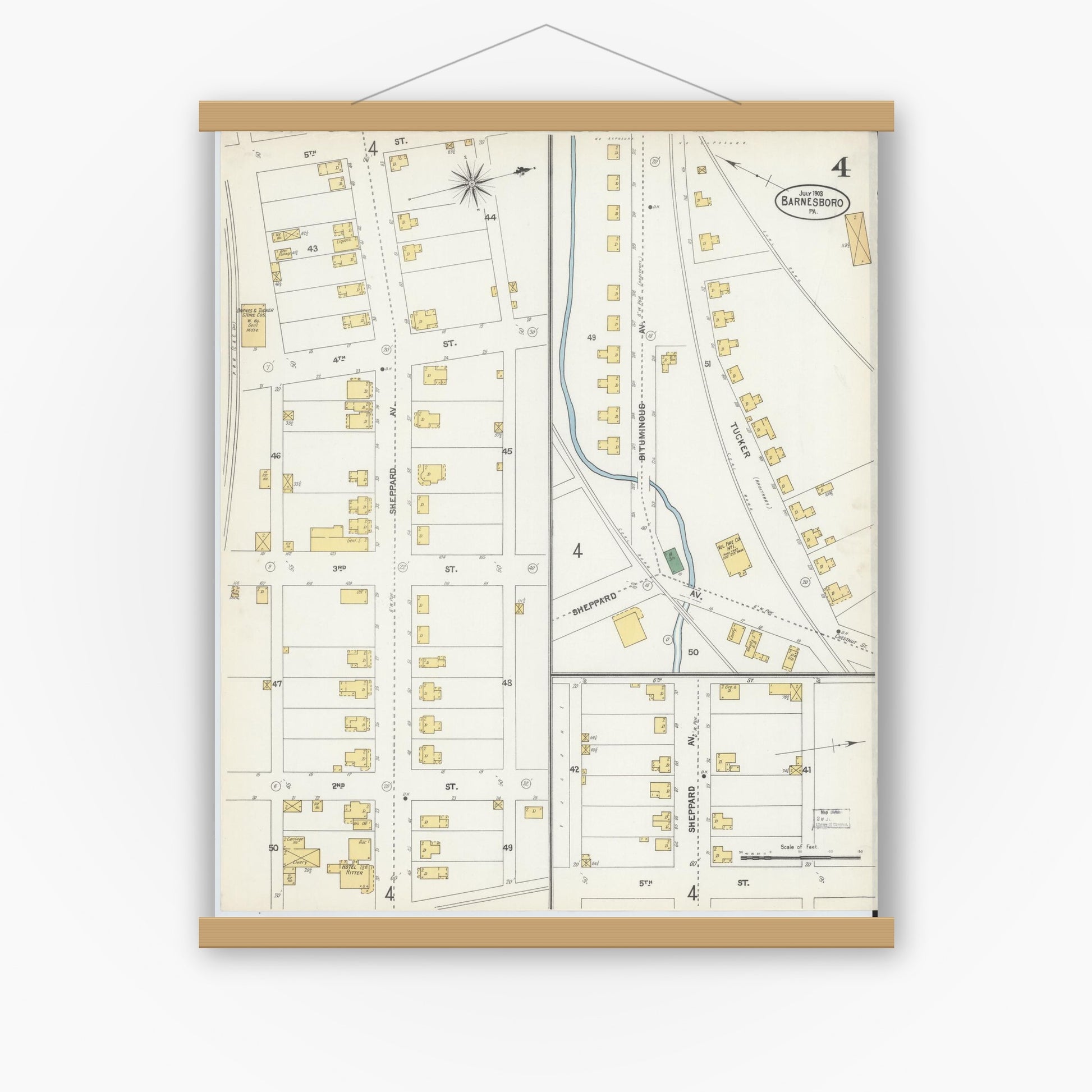 Old map wall art mockup — magnetic wood frame on white wall — Sanborn Fire Insurance Map from Barnesboro, Cambria County, Pennsylvania (1903), Sheet #0004
