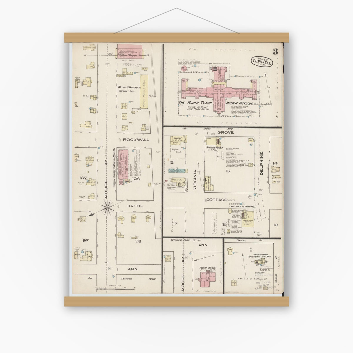 Old map wall art mockup — magnetic wood frame on white wall — Sanborn Fire Insurance Map from Terrell, Kaufman County, Texas (1885), Sheet #0003
