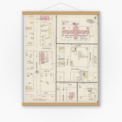 Old map wall art mockup — magnetic wood frame on white wall — Sanborn Fire Insurance Map from Terrell, Kaufman County, Texas (1885), Sheet #0003