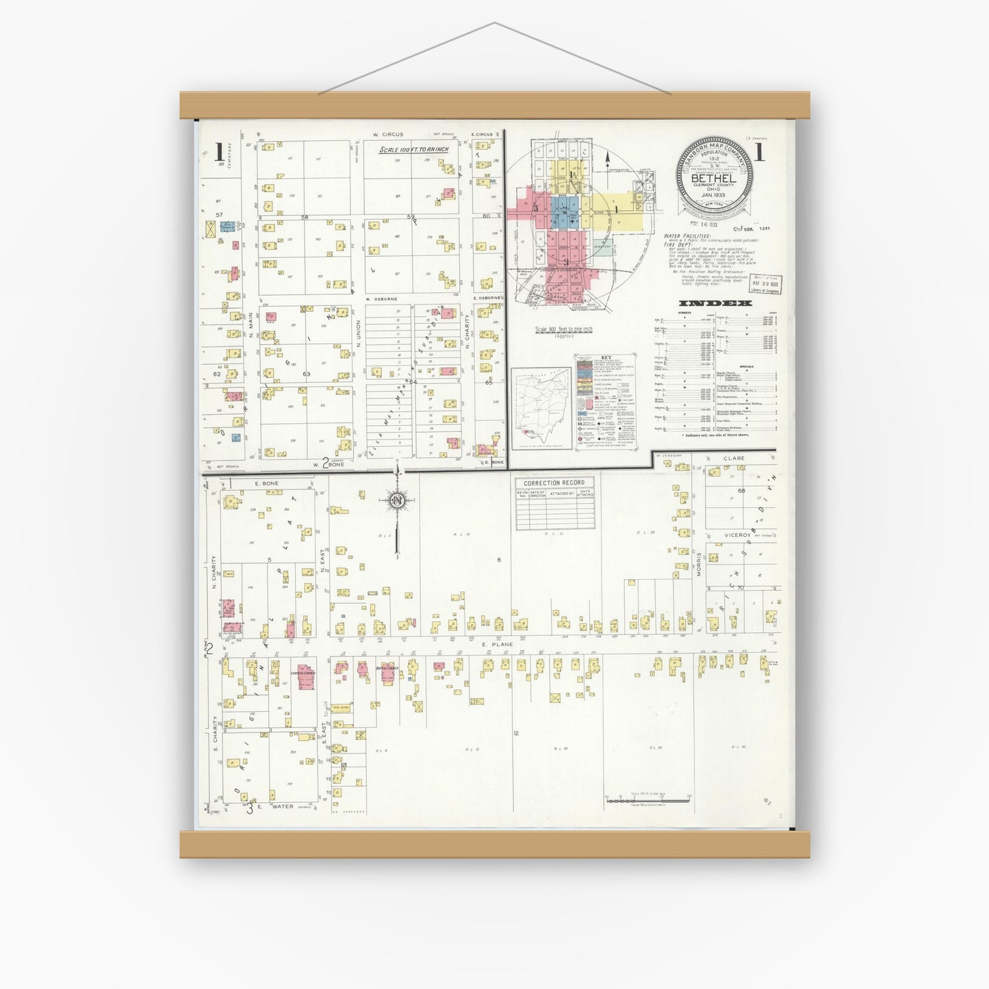 Old map wall art mockup — magnetic wood frame on white wall — Sanborn Fire Insurance Map from Bethel, Clermont County, Ohio (1933), Sheet #0001