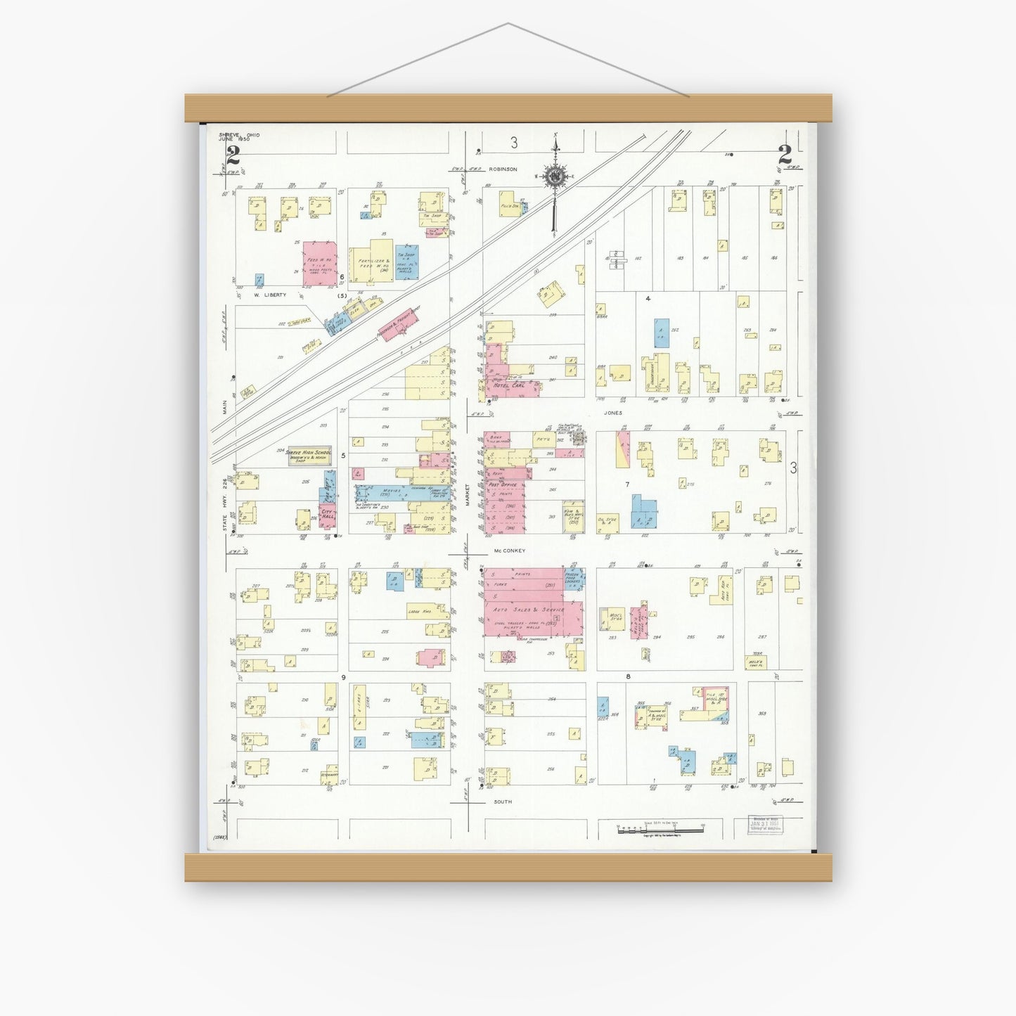 Old map wall art mockup — magnetic wood frame on white wall — Sanborn Fire Insurance Map from Shreve, Wayne County, Ohio (1950), Sheet #0002