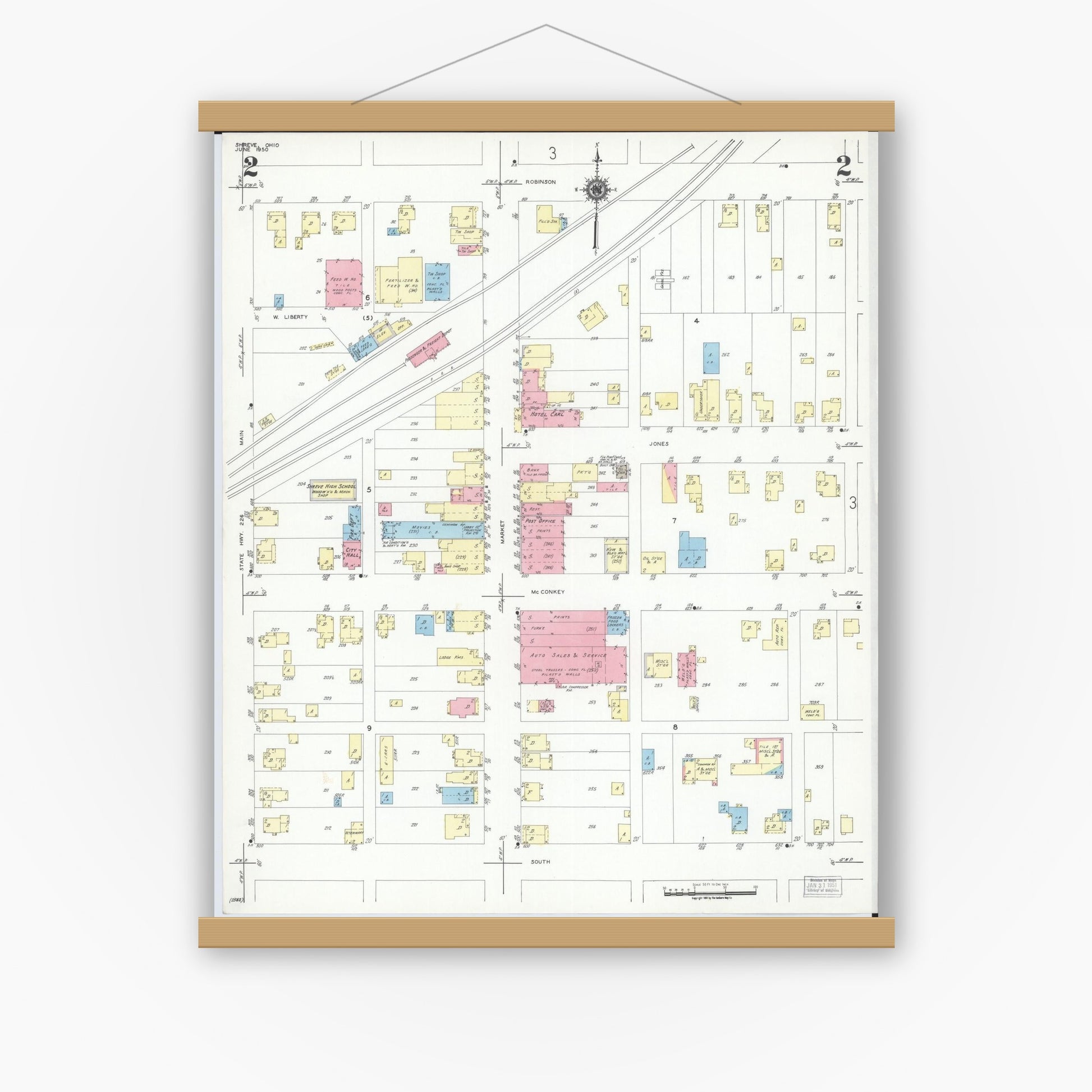 Old map wall art mockup — magnetic wood frame on white wall — Sanborn Fire Insurance Map from Shreve, Wayne County, Ohio (1950), Sheet #0002
