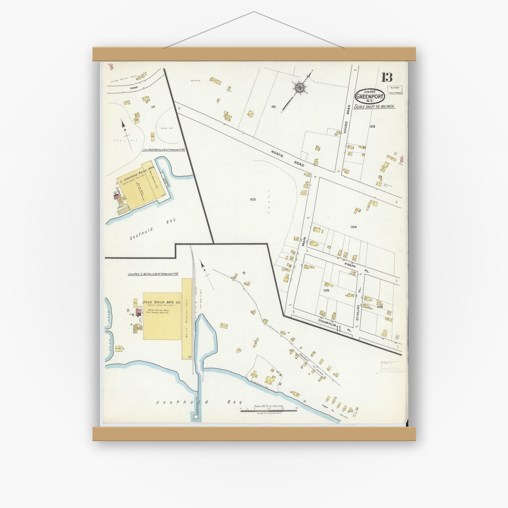 Old map wall art mockup — magnetic wood frame on white wall — Sanborn Fire Insurance Map from Greenport, Suffolk County, New York (1917), Sheet #0013
