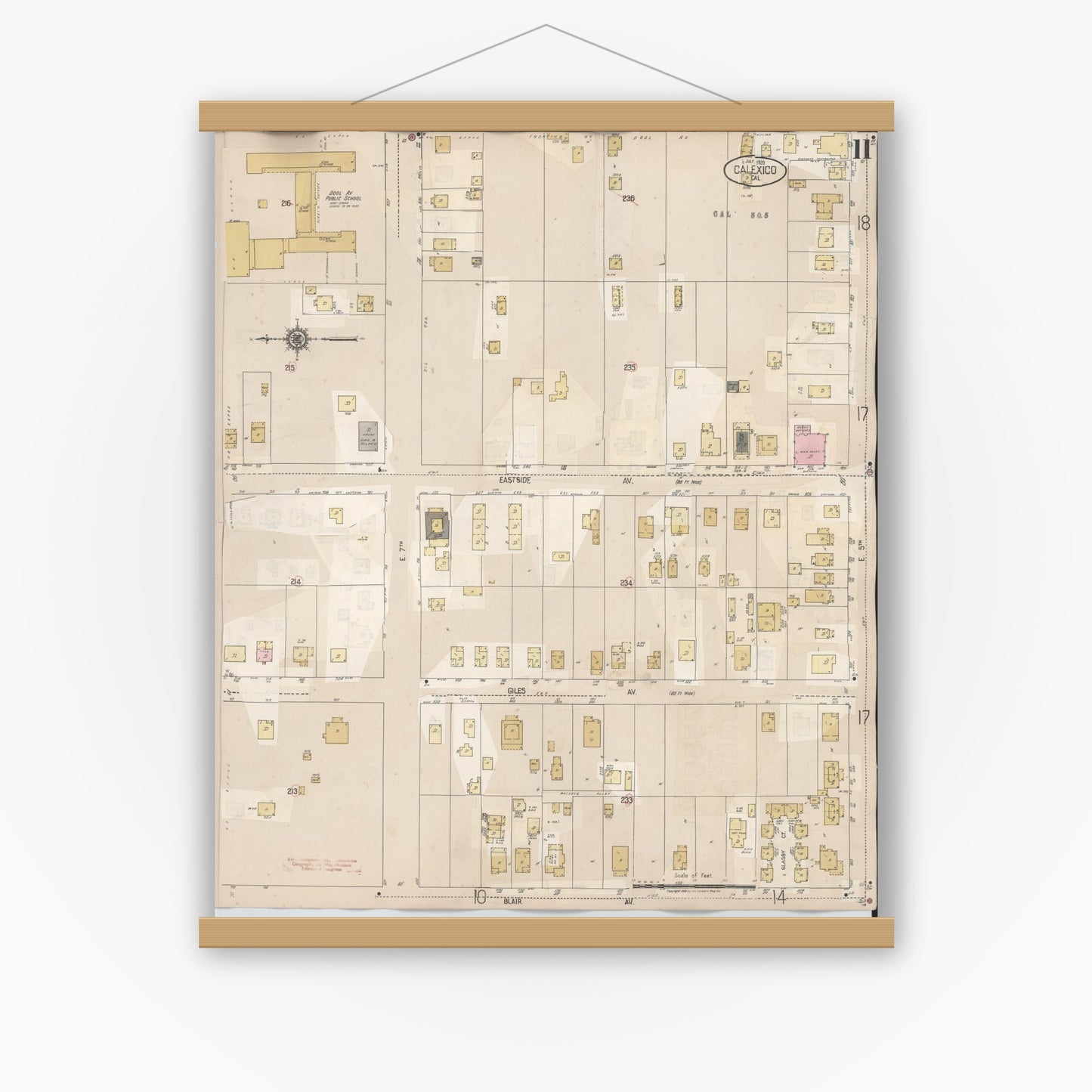 Old map wall art mockup — magnetic wood frame on white wall — Sanborn Fire Insurance Map from Calexico, Imperial County, California (1949), Sheet #0011