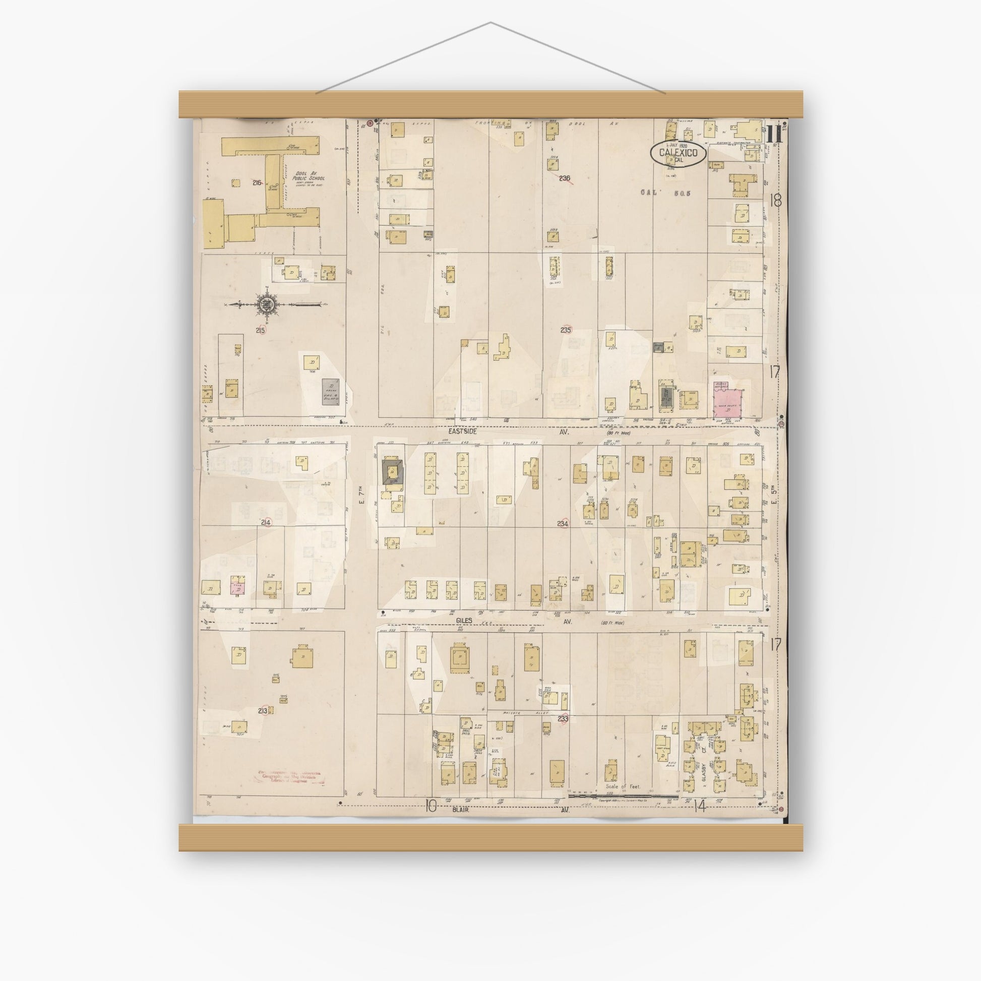 Old map wall art mockup — magnetic wood frame on white wall — Sanborn Fire Insurance Map from Calexico, Imperial County, California (1949), Sheet #0011