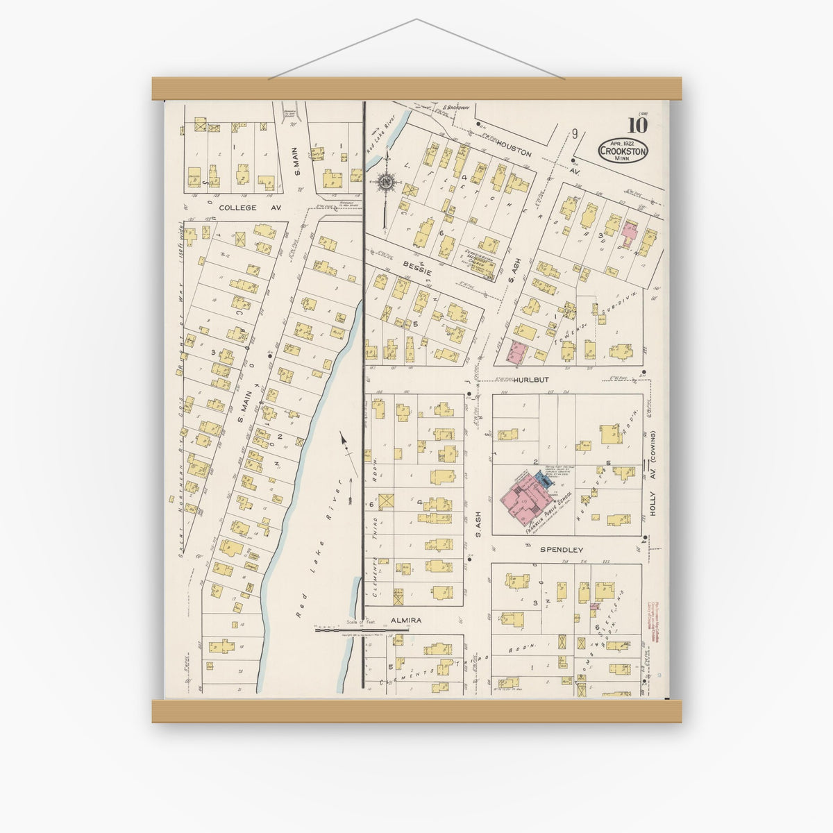Old map wall art mockup — magnetic wood frame on white wall — Sanborn Fire Insurance Map from Crookston, Polk County, Minnesota (1922), Sheet #0010