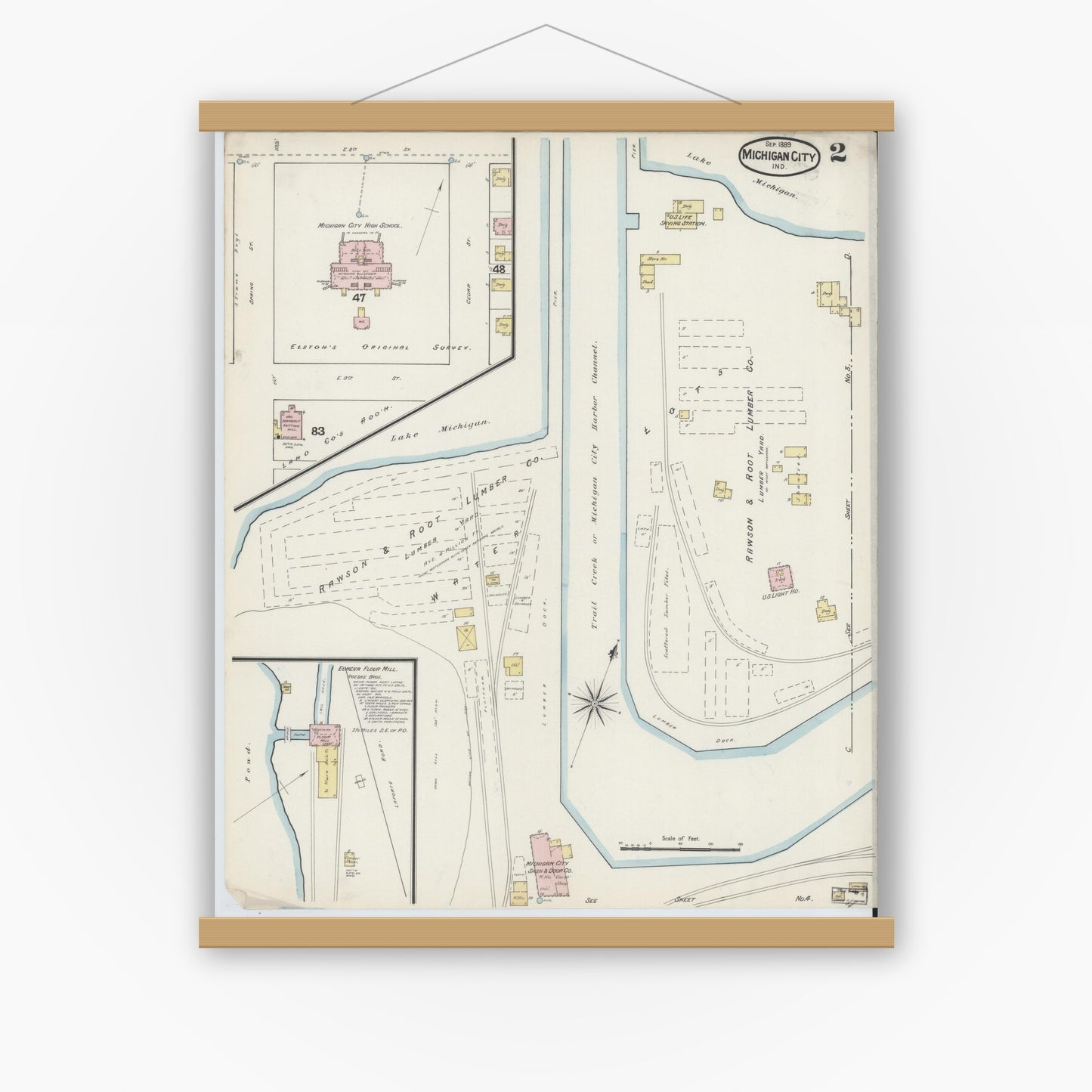 Old map wall art mockup — magnetic wood frame on white wall — Sanborn Fire Insurance Map from Michigan City, La Porte County, Indiana (1889), Sheet #0002