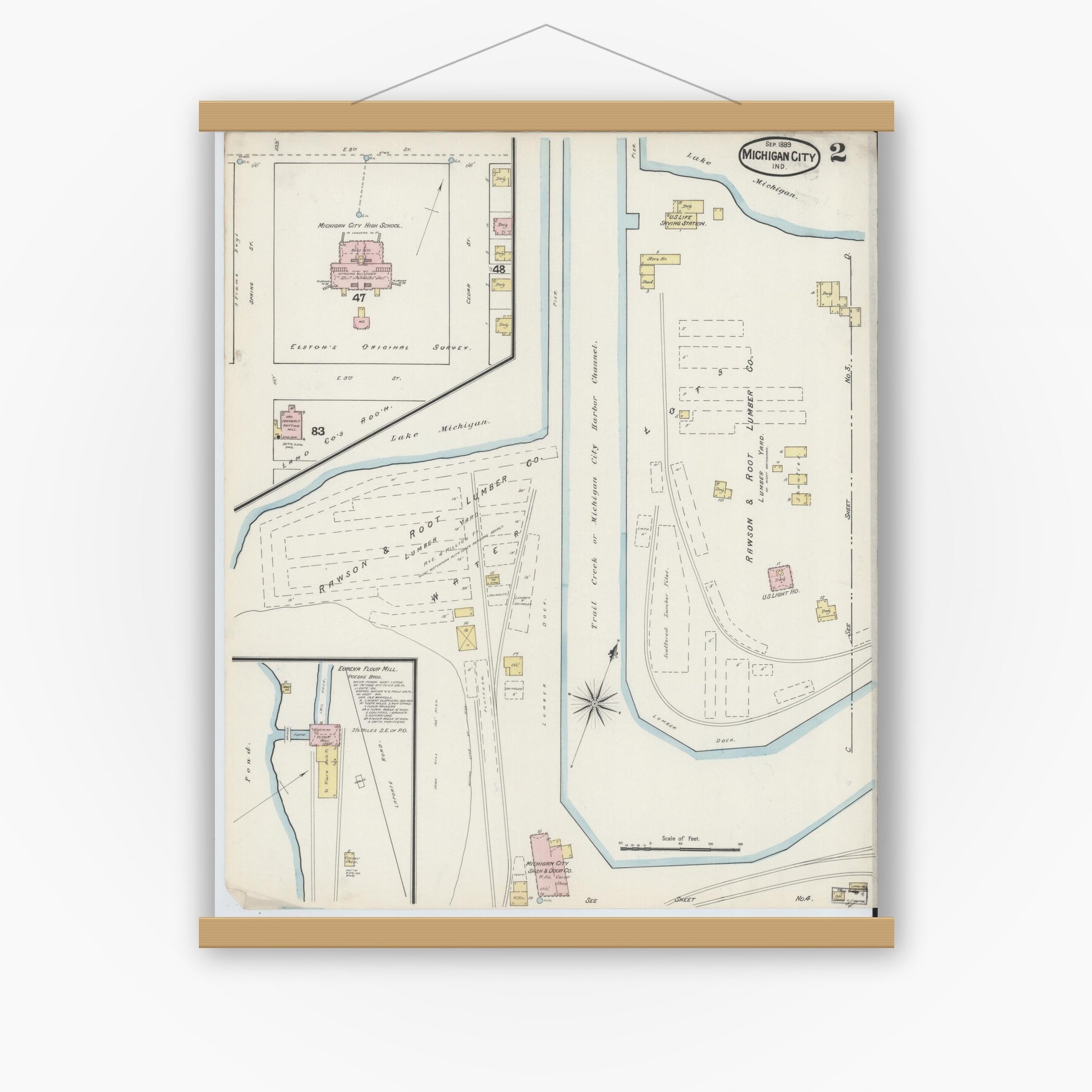 Old map wall art mockup — magnetic wood frame on white wall — Sanborn Fire Insurance Map from Michigan City, La Porte County, Indiana (1889), Sheet #0002
