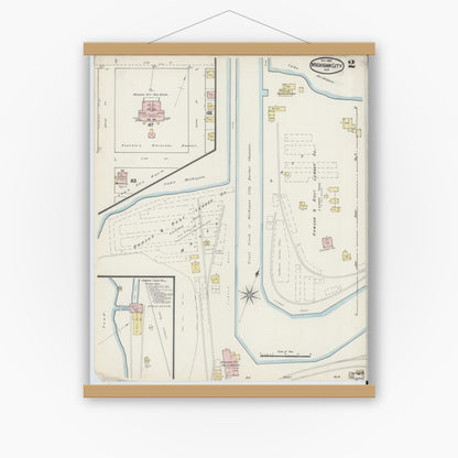 Old map wall art mockup — magnetic wood frame on white wall — Sanborn Fire Insurance Map from Michigan City, La Porte County, Indiana (1889), Sheet #0002