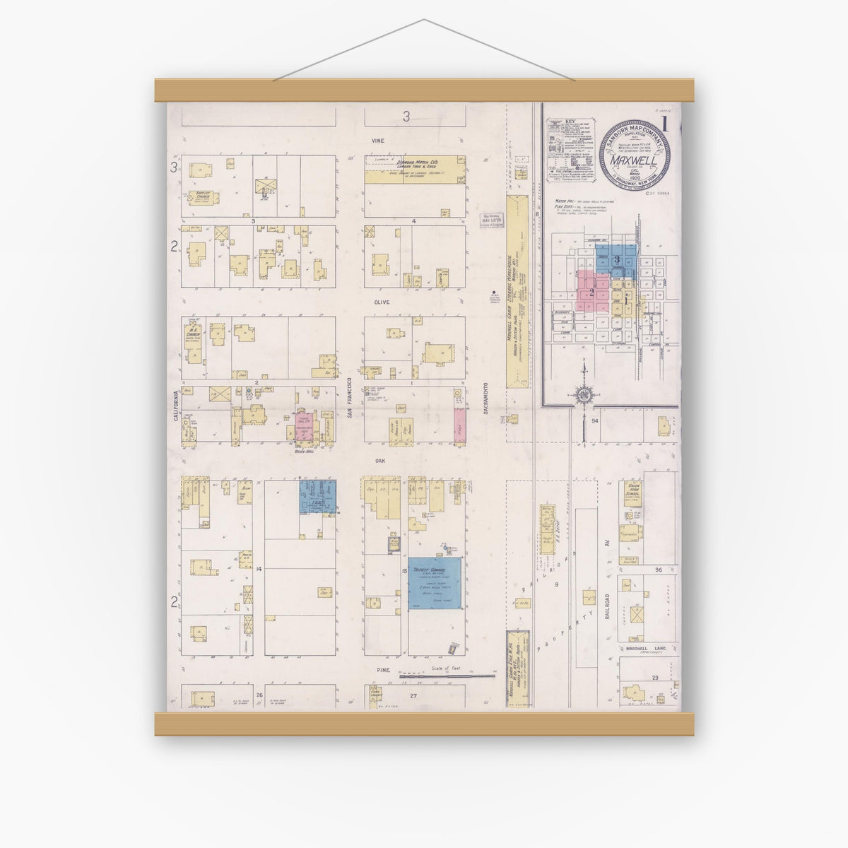 Old map wall art mockup — magnetic wood frame on white wall — Sanborn Fire Insurance Map from Maxwell, Colusa County, California (1920), Sheet #0001