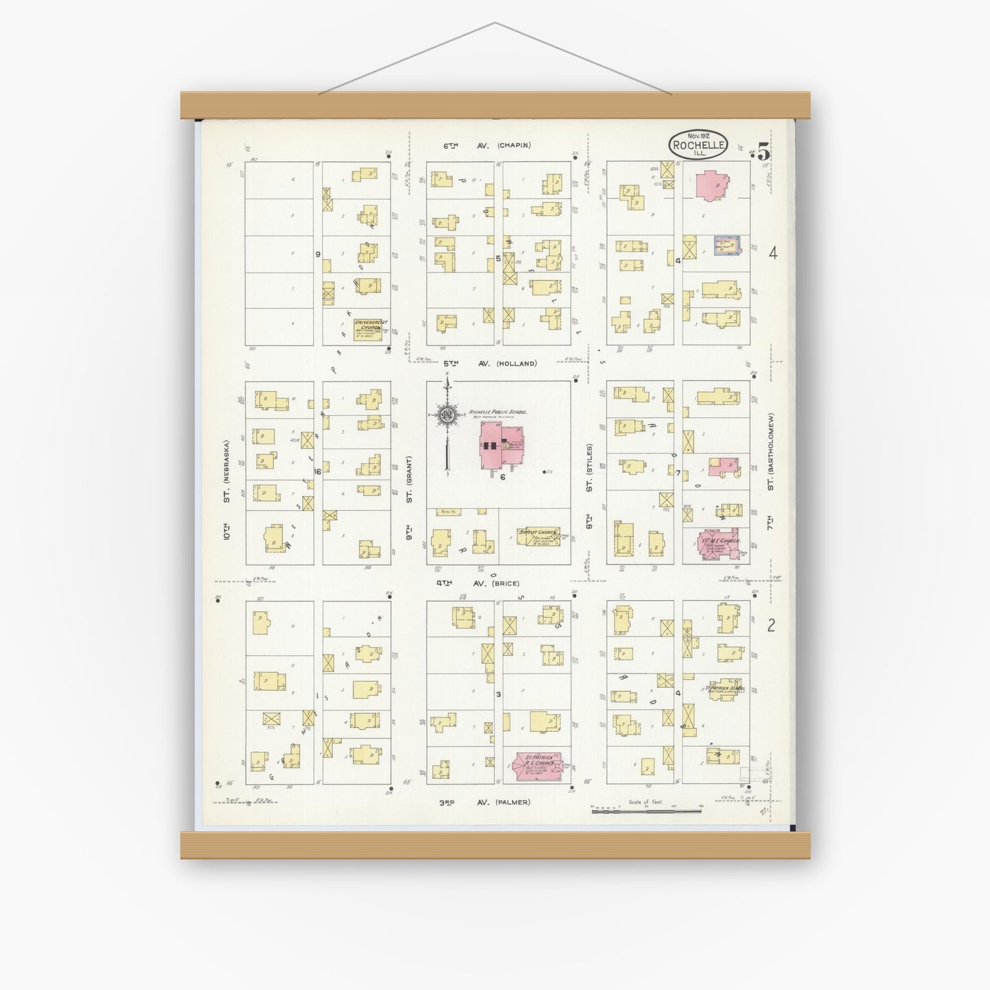 Old map wall art mockup — magnetic wood frame on white wall — Sanborn Fire Insurance Map from Rochelle, Ogle County, Illinois (1912), Sheet #0005