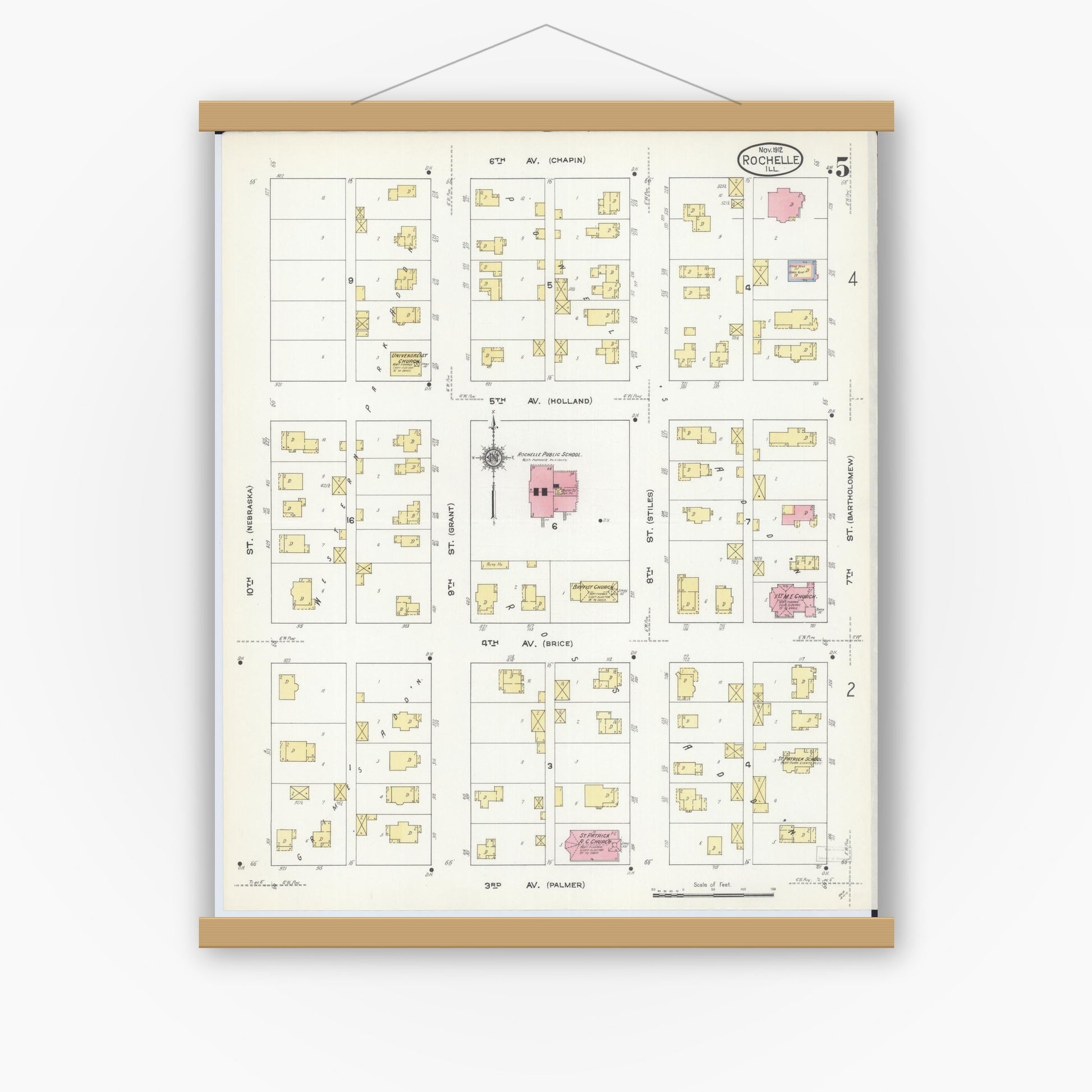 Old map wall art mockup — magnetic wood frame on white wall — Sanborn Fire Insurance Map from Rochelle, Ogle County, Illinois (1912), Sheet #0005