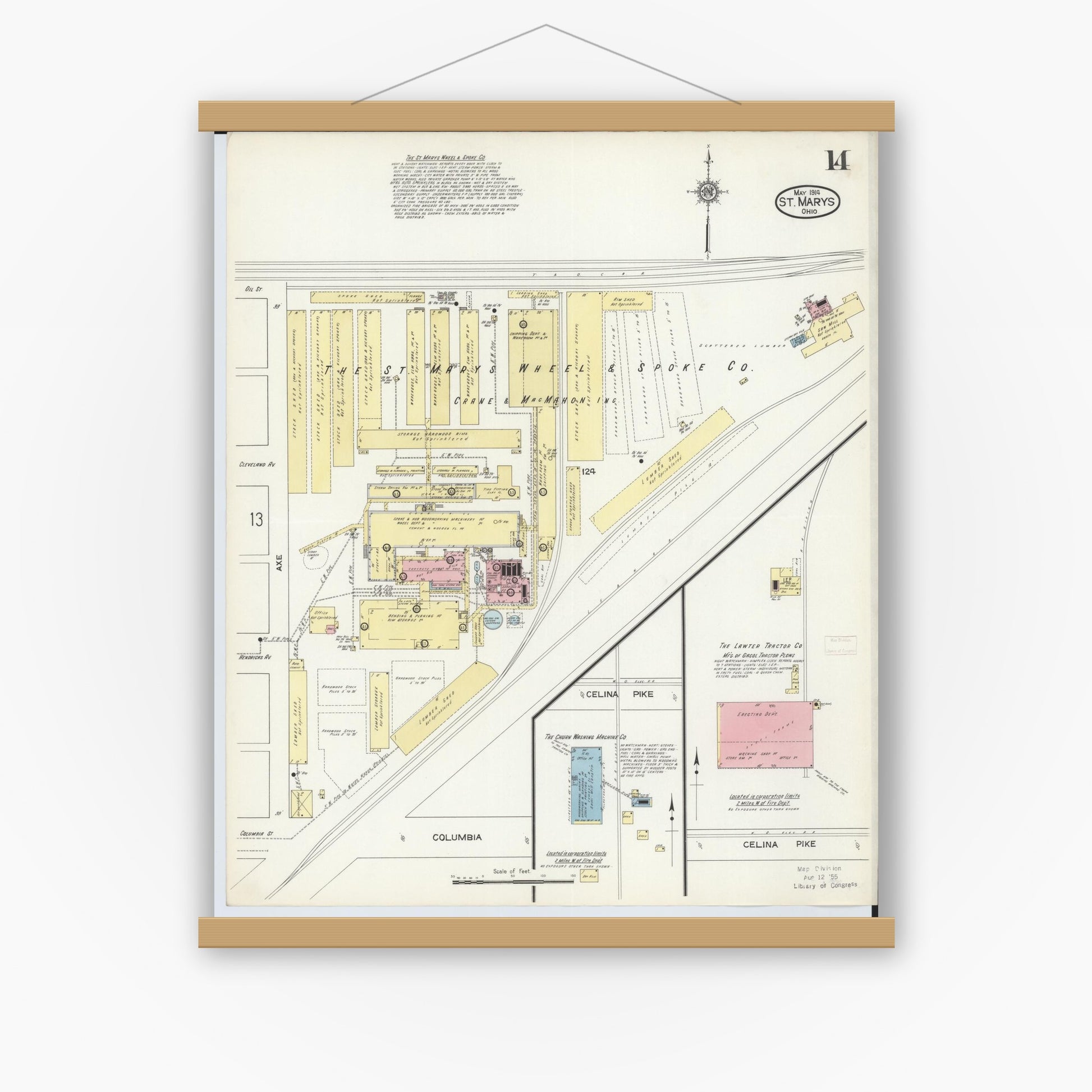 Old map wall art mockup — magnetic wood frame on white wall — Sanborn Fire Insurance Map from Saint Marys, Auglaize County, Ohio (1914), Sheet #0014