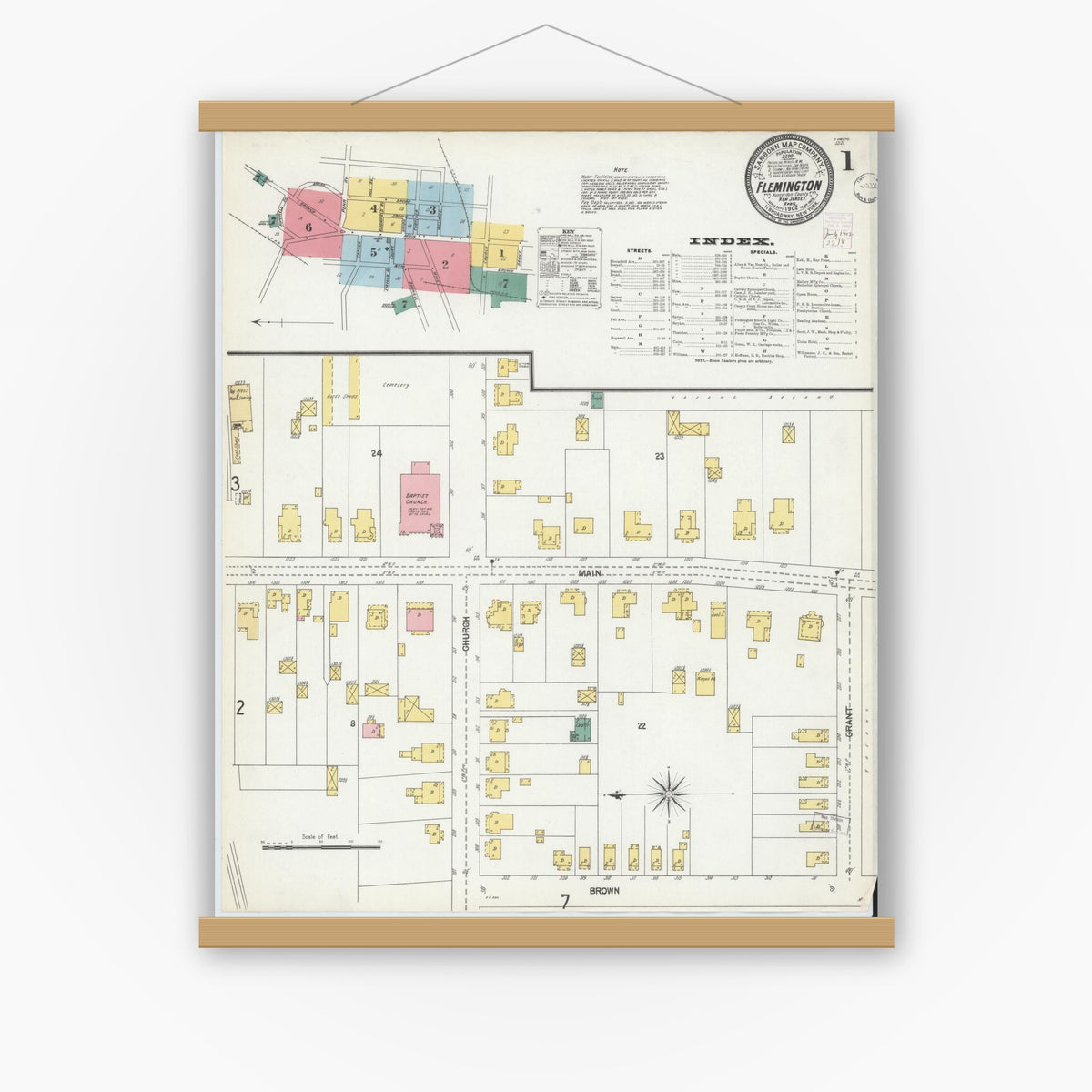 Old map wall art mockup — magnetic wood frame on white wall — Sanborn Fire Insurance Map from Flemington, Hunterdon County, New Jersey (1902) - Complete Map Set