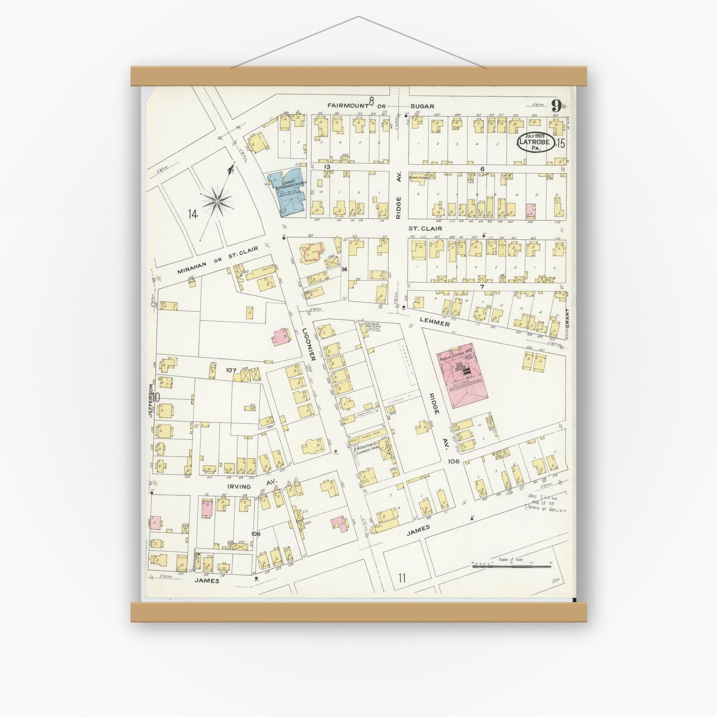 Old map wall art mockup — magnetic wood frame on white wall — Sanborn Fire Insurance Map from Latrobe, Westmoreland County, Pennsylvania (1909), Sheet #0009