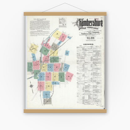 Old map wall art mockup — magnetic wood frame on white wall — Sanborn Fire Insurance Map from Chambersburg, Franklin County, Pennsylvania (1910) - Complete Map Set