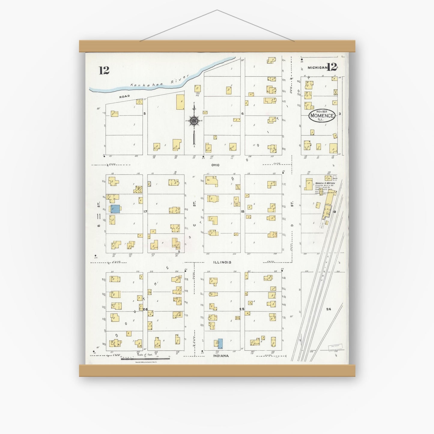 Old map wall art mockup — magnetic wood frame on white wall — Sanborn Fire Insurance Map from Momence, Kankakee County, Illinois (1924), Sheet #0012