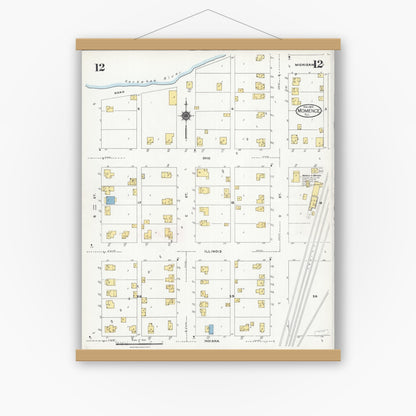 Old map wall art mockup — magnetic wood frame on white wall — Sanborn Fire Insurance Map from Momence, Kankakee County, Illinois (1924), Sheet #0012