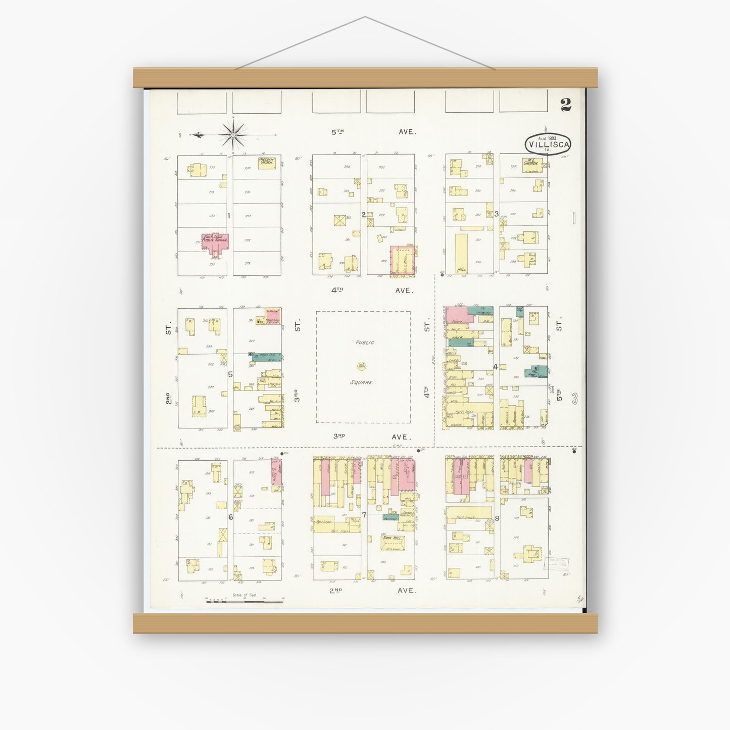 Old map wall art mockup — magnetic wood frame on white wall — Sanborn Fire Insurance Map from Villisca, Montgomery County, Iowa (1893), Sheet #0002