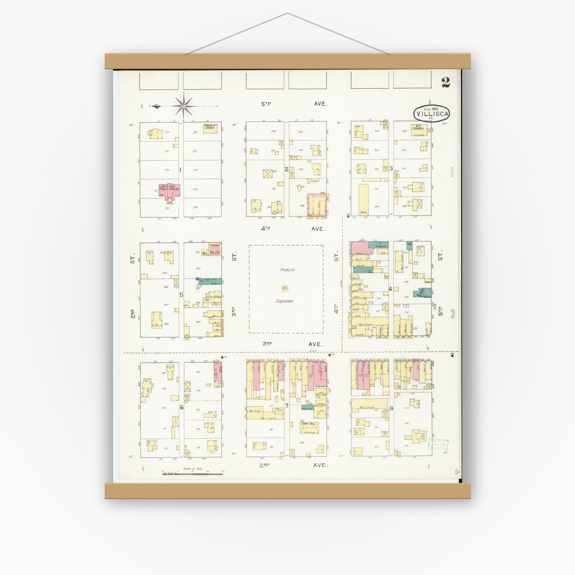 Old map wall art mockup — magnetic wood frame on white wall — Sanborn Fire Insurance Map from Villisca, Montgomery County, Iowa (1893), Sheet #0002