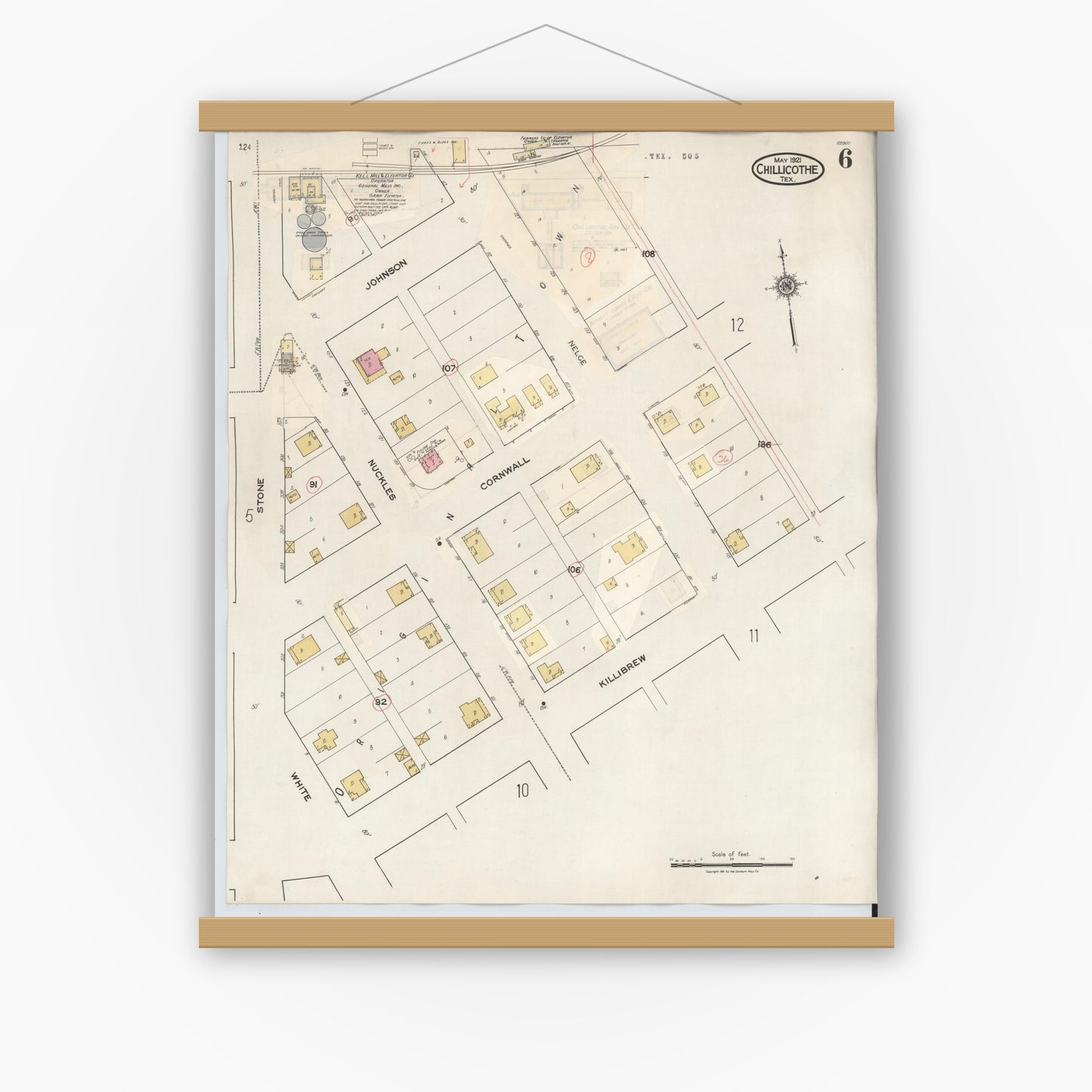 Old map wall art mockup — magnetic wood frame on white wall — Sanborn Fire Insurance Map from Chillicothe, Hardeman County, Texas (1941), Sheet #0006