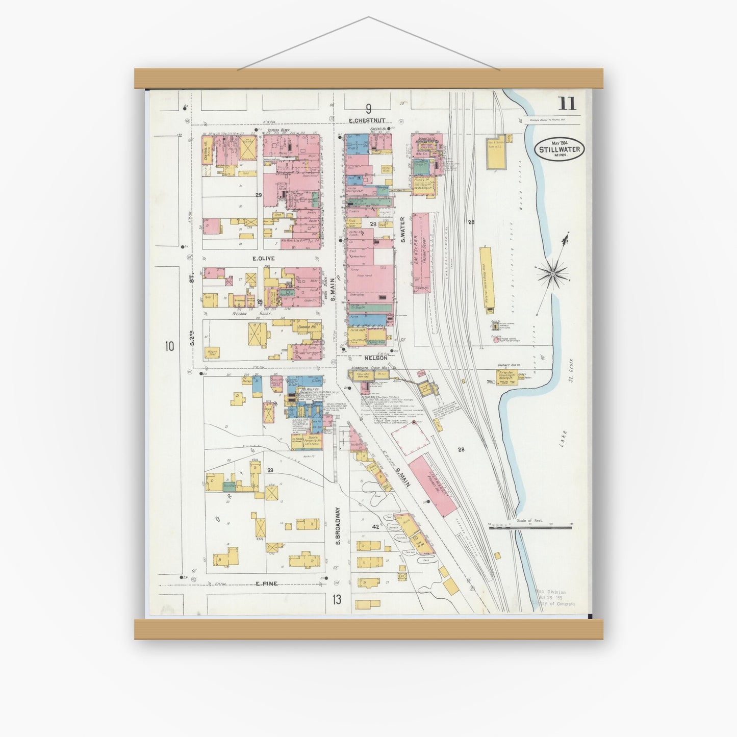 Old map wall art mockup — magnetic wood frame on white wall — Sanborn Fire Insurance Map from Stillwater, Washington County, Minnesota (1904), Sheet #0011