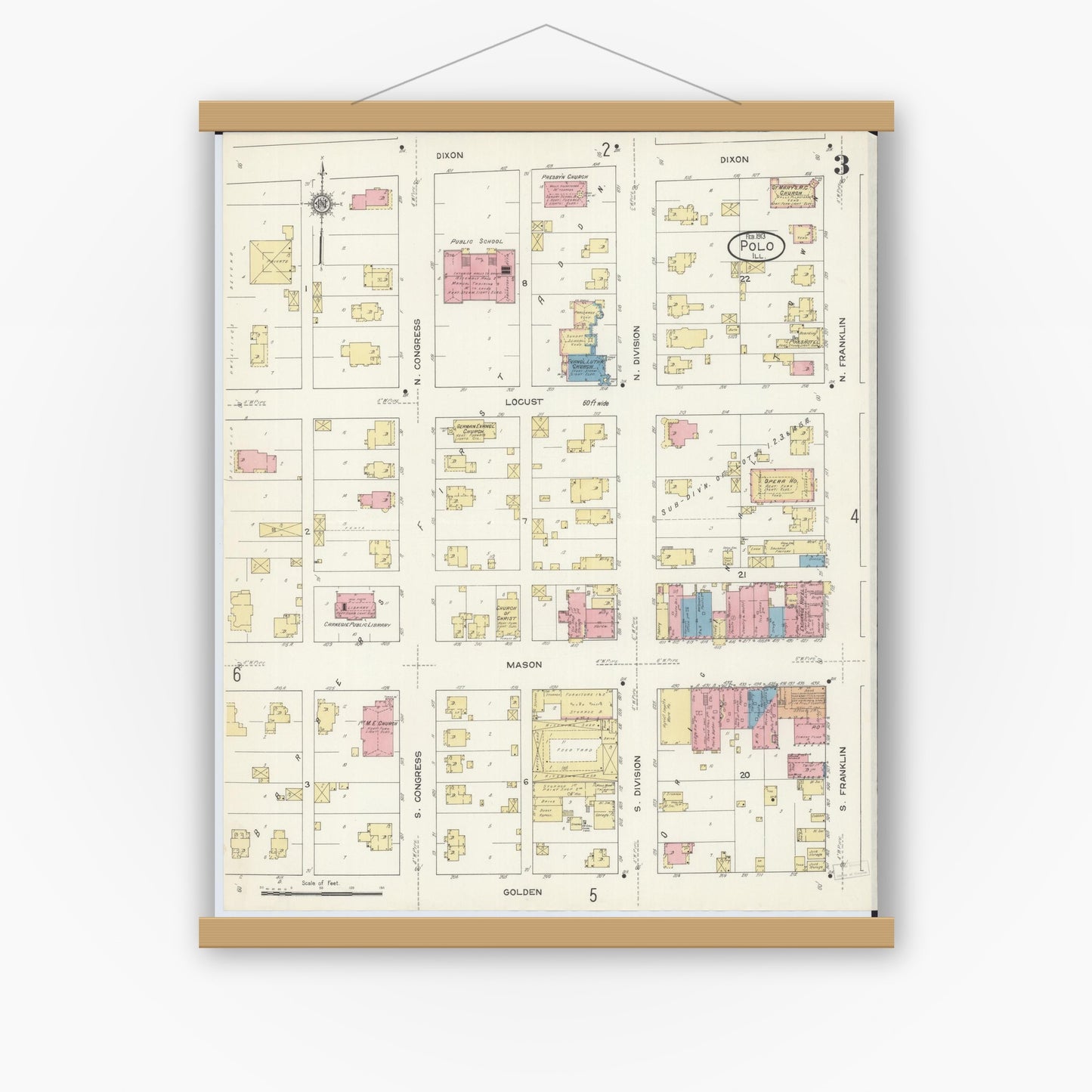 Old map wall art mockup — magnetic wood frame on white wall — Sanborn Fire Insurance Map from Polo, Ogle County, Illinois (1913), Sheet #0003
