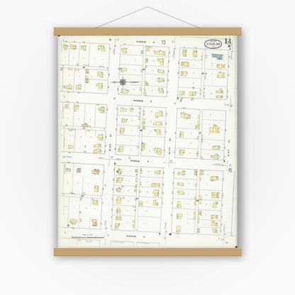 Old map wall art mockup — magnetic wood frame on white wall — Sanborn Fire Insurance Map from Sterling, Whiteside County, Illinois (1910), Sheet #0014