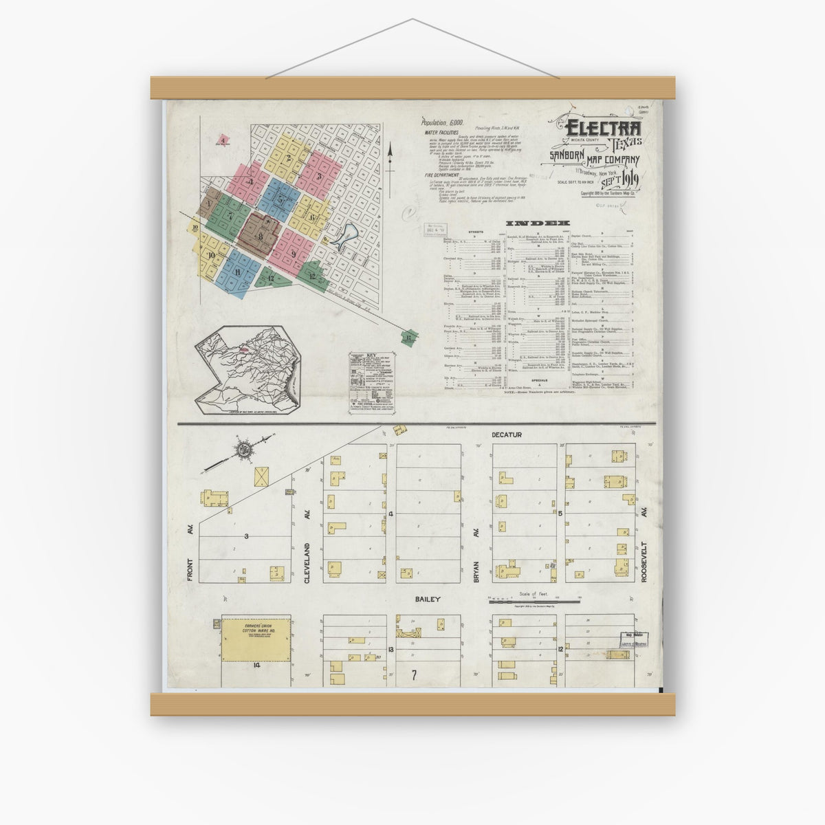 Old map wall art mockup — magnetic wood frame on white wall — Sanborn Fire Insurance Map from Electra, Wichita County, Texas (1919), Sheet #0001