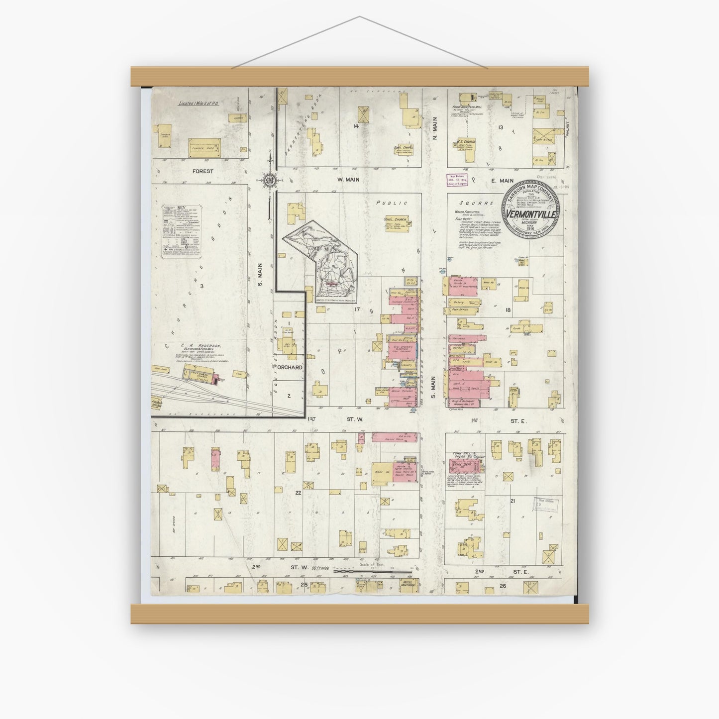 Old map wall art mockup — magnetic wood frame on white wall — Sanborn Fire Insurance Map from Vermontville, Eaton County, Michigan (1916), Sheet #0001