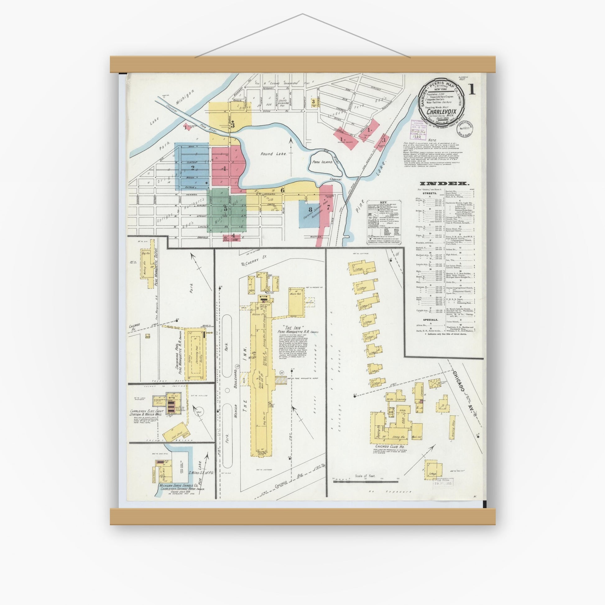 Old map wall art mockup — magnetic wood frame on white wall — Sanborn Fire Insurance Map from Charlevoix, Charlevoix County, Michigan (1901) - Complete Map Set