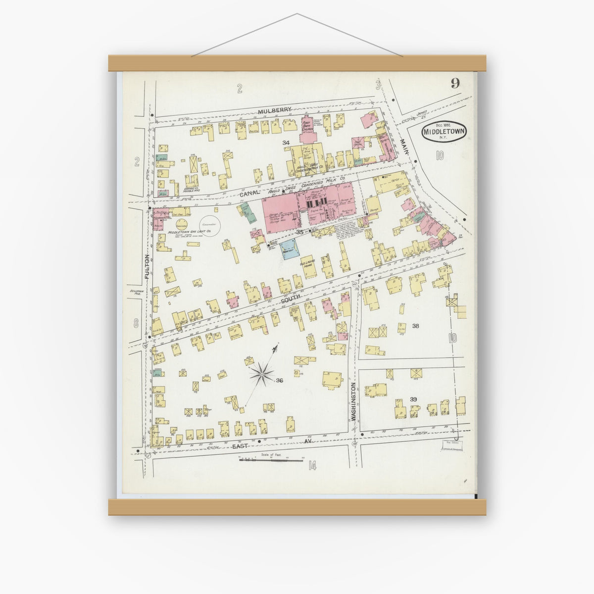 Old map wall art mockup — magnetic wood frame on white wall — Sanborn Fire Insurance Map from Middletown, Orange County, New York (1892), Sheet #0009