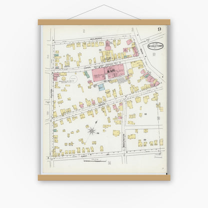 Old map wall art mockup — magnetic wood frame on white wall — Sanborn Fire Insurance Map from Middletown, Orange County, New York (1892), Sheet #0009