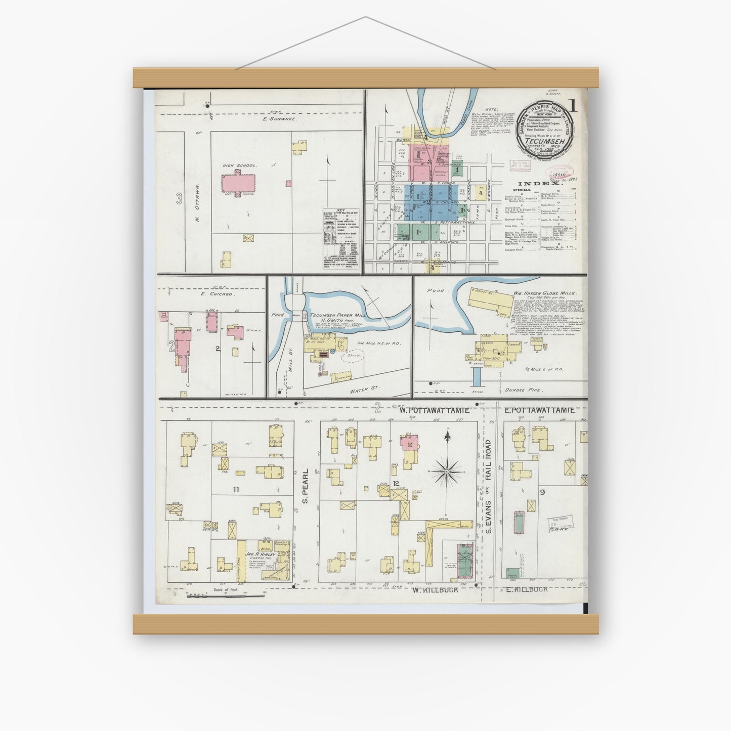 Old map wall art mockup — magnetic wood frame on white wall — Sanborn Fire Insurance Map from Tecumseh, Lenawee County, Michigan (1893) - Complete Map Set