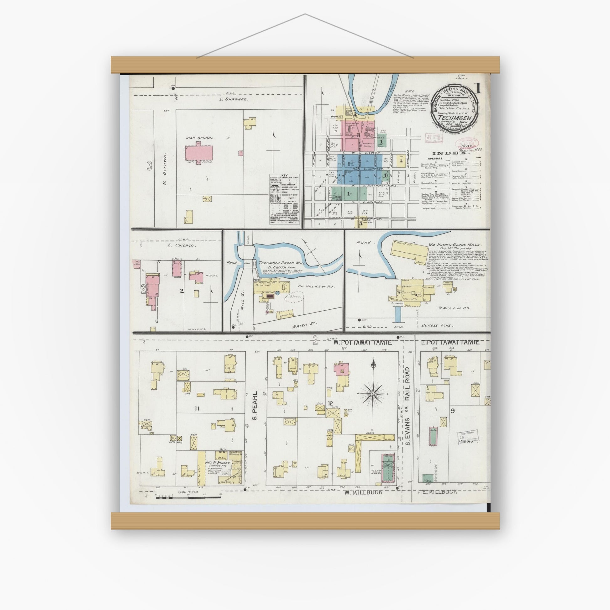Old map wall art mockup — magnetic wood frame on white wall — Sanborn Fire Insurance Map from Tecumseh, Lenawee County, Michigan (1893) - Complete Map Set