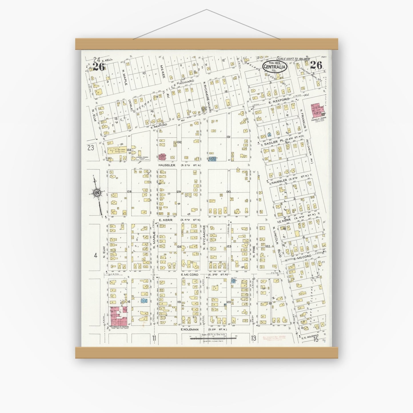 Old map wall art mockup — magnetic wood frame on white wall — Sanborn Fire Insurance Map from Centralia, Marion, Clinton, Jefferson, and Washington Counties, Illinois (1924), Sheet #0026