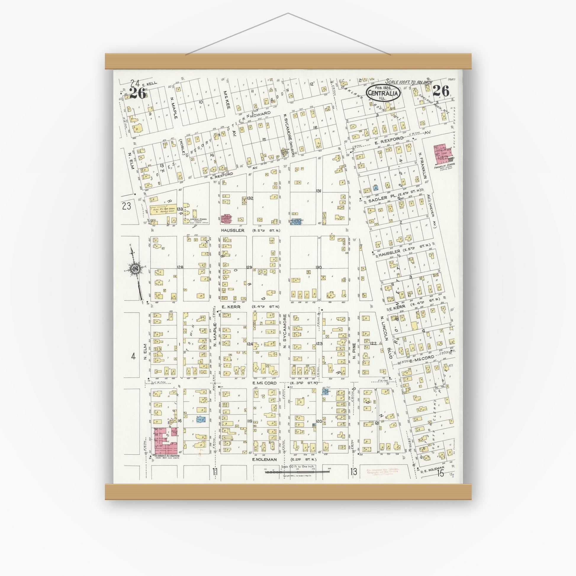 Old map wall art mockup — magnetic wood frame on white wall — Sanborn Fire Insurance Map from Centralia, Marion, Clinton, Jefferson, and Washington Counties, Illinois (1924), Sheet #0026