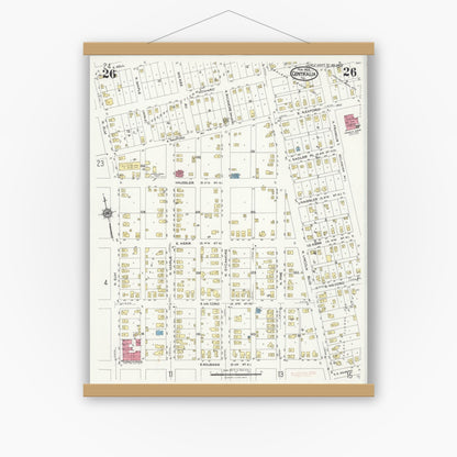 Old map wall art mockup — magnetic wood frame on white wall — Sanborn Fire Insurance Map from Centralia, Marion, Clinton, Jefferson, and Washington Counties, Illinois (1924), Sheet #0026