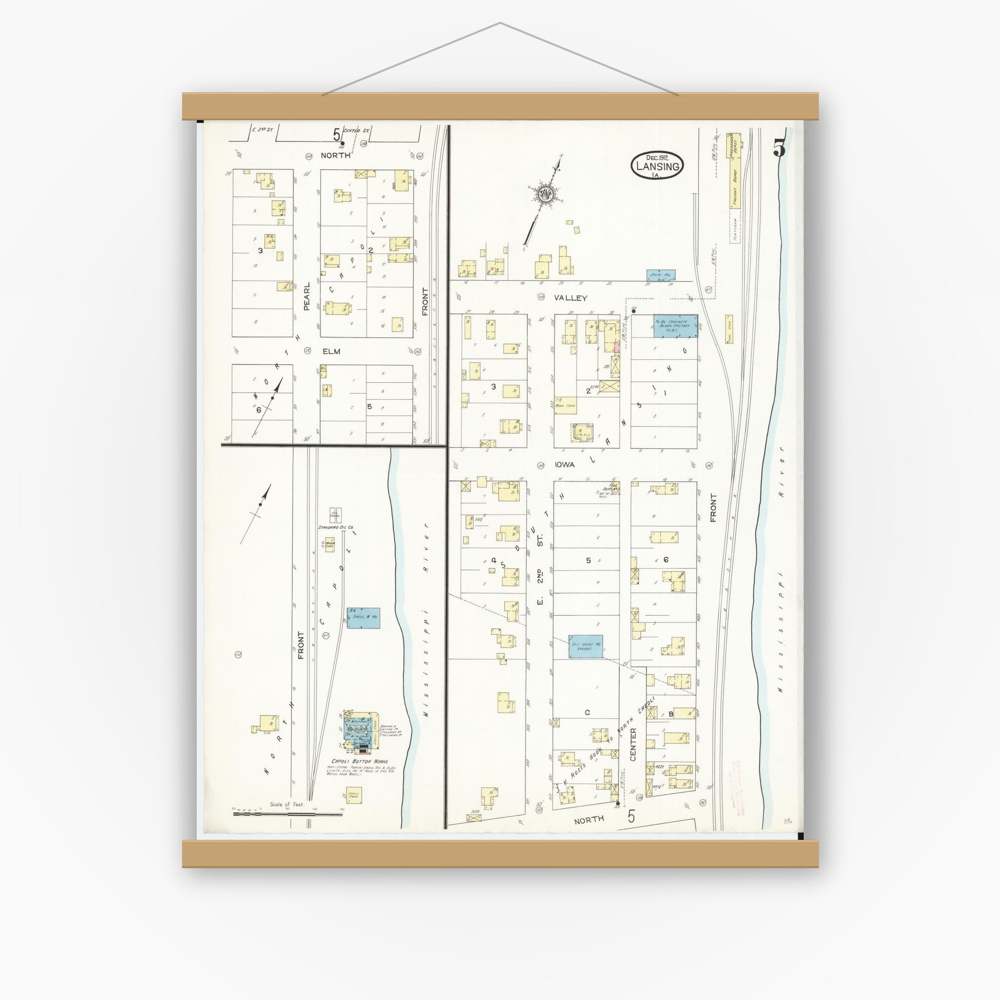 Old map wall art mockup — magnetic wood frame on white wall — Sanborn Fire Insurance Map from Lansing, Allamakee County, Iowa (1912), Sheet #0005
