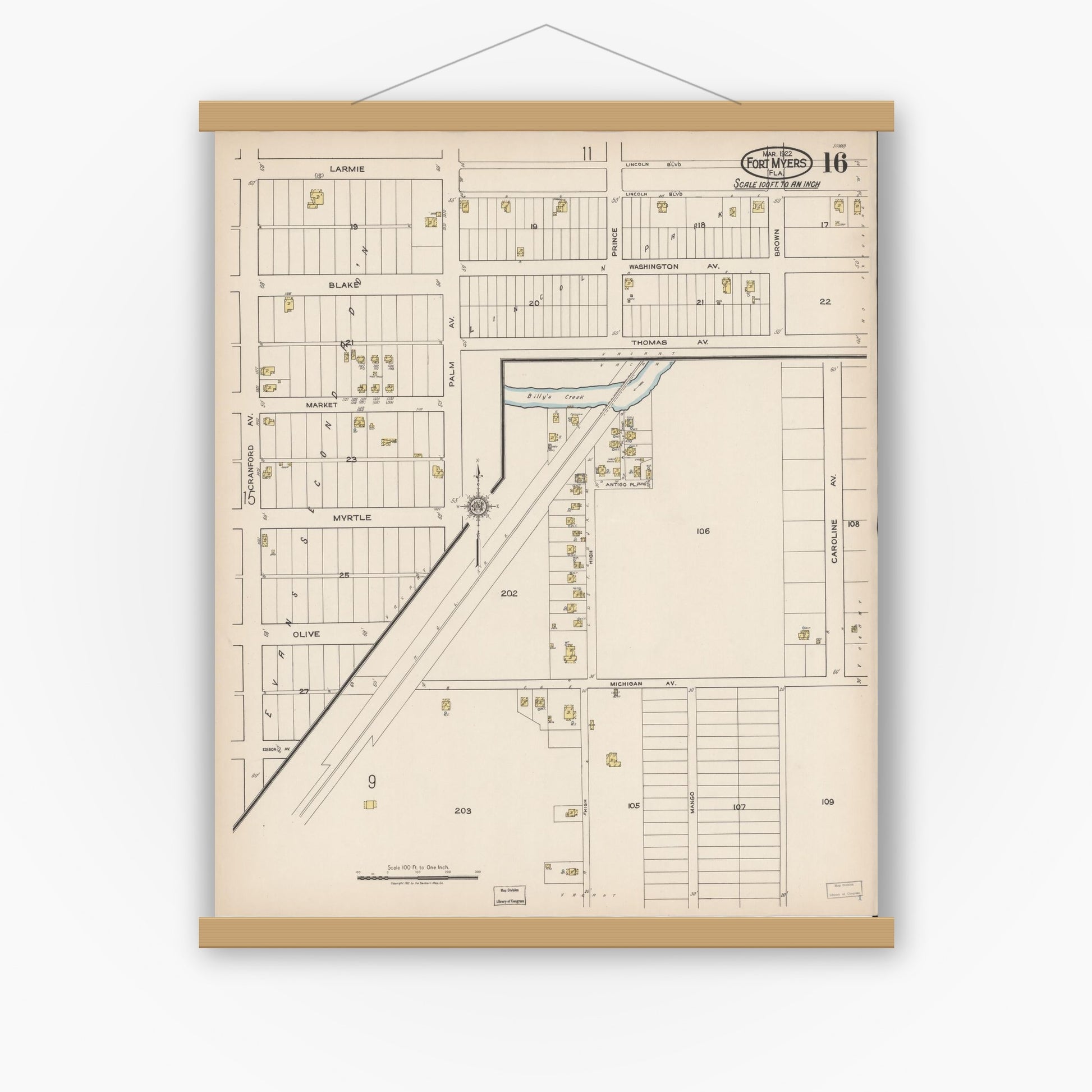 Old map wall art mockup — magnetic wood frame on white wall — Sanborn Fire Insurance Map from Fort Myers, Lee County, Florida (1922), Sheet #0016