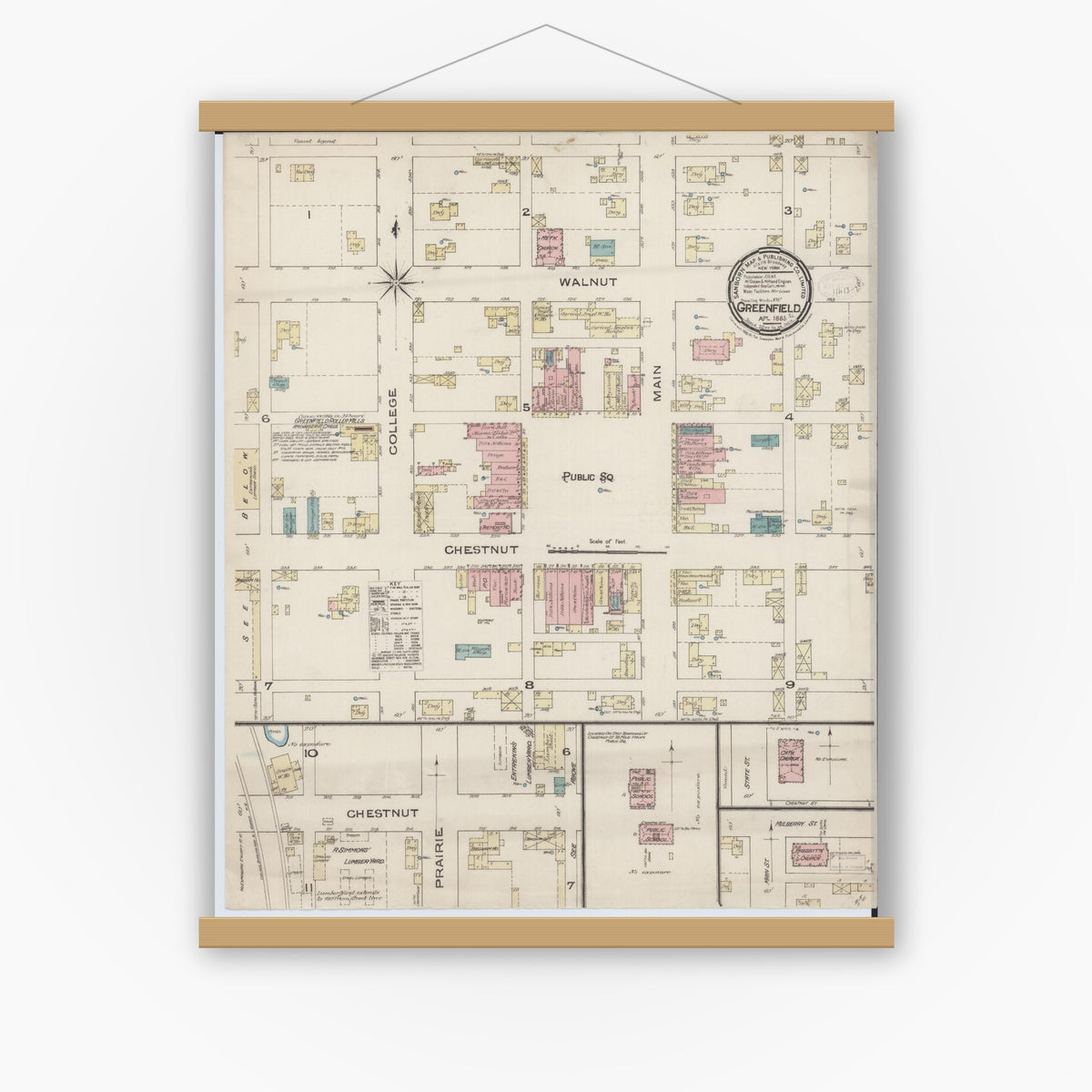 Old map wall art mockup — magnetic wood frame on white wall — Sanborn Fire Insurance Map from Greenfield, Greene County, Illinois (1885), Sheet #0001